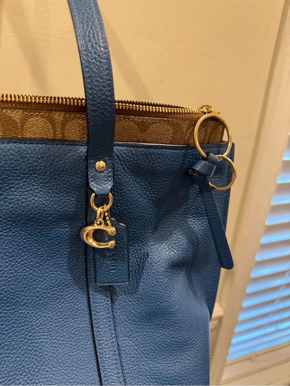 Coach Blue Pebbled Leather Tote with Signature Trim